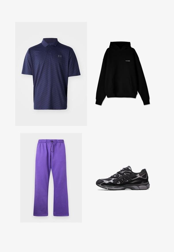 Musta huppari, jossa on etupussitasku ja pieni valkoinen "PEGADOR" -logo rinnassa, esillä valkoisella taustalla.; Navy sininen polo-paita, joka on valmistettu hengittävästä kankaasta. Paita on varustettu rakenteellisella geometrisella kuviolla ja kolmella napilla varustetulla kauluksella. Rinnassa on pieni logo.; Violetit vetoketjuhousut, joissa on pehmeä kangas. Housuissa on rento malli ja suorat lahkeet ilman taskuja.; Mustat urheilukengät, joissa on verkko- ja mokkanahkainen yläosa, jossa on teksturoitu muotoilu ja kestävä, pehmustettu harmaa pohja.