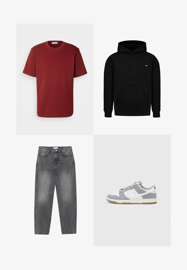 Černá mikina vyrobená z bavlněné směsi, s klokaní kapsou, ribovanými manžetami a malým logem na hrudi.; Lindbergh O-NECK TEE - Jednoduché tričko - dark red; Kalhoty s vysokým pasem, volného střihu, vyrobené z vybledlého černého denimu. Mají pět kapes, poutka na opasek a čistý, rovný střih nohavic.; Šedé a bílé tenisky s svrškem z jemné kůže a kůže, kulatou špičkou, plochými tkaničkami a gumovou podrážkou s akcentem v barvě gumy.