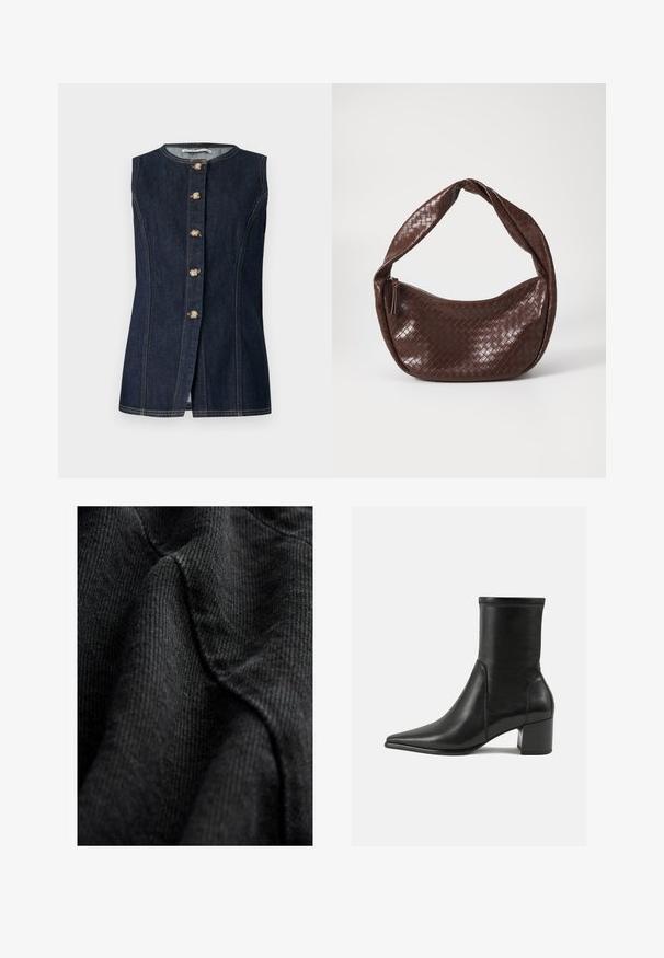 Schwarzer Rollkragenpullover mit langen Ärmeln, aus einem glatten Strickstoff. Verfügt über einen taillierten Oberteil und gerippte Bündchen sowie Saum.; Ärmellose Jeansweste in Dunkelblau mit rundem Ausschnitt, vorderem Knopfverschluss und goldfarbenen Knöpfen mit Steppnähten.; Schwarzer Textilstoff mit einer gewebten Struktur, die sanfte, glatte Linien und einen leichten Glanz zeigt, drapiert, um Konturen und Tiefe zu betonen.; Schwarze Knöchelstiefel aus glattem Leder, mit spitzem Zehenbereich, einem Blockabsatz und markanten, raised stitching am oberen Rand.; Braune geflochtene Lederhandtasche mit einem geschwungenen, geknoteten Griff und einem Reißverschluss. Glatte Textur und runde Form.