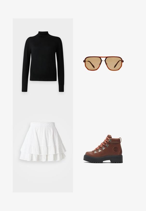 Pull noir à col roulé avec des manches longues, fabriqué en tissu tricoté lisse. Présente un corps ajusté et des poignets et un ourlet côtelés.; Jupe blanche à volants en tissu léger avec un motif en oeillets et un ourlet froncé. Présente une taille élastique pour plus de confort.; Botte de randonnée en cuir marron avec des lacets orange, œillets métalliques et semelle en caoutchouc. Caractérisée par une surface texturée et un logo sur le côté.; Lunettes de soleil octogonales brunes avec un cadre transparent couleur ambre et des verres teintés bruns. Elles présentent un accent métallique au niveau du pont et des branches fines.; Sac fourre-tout en suede marron avec doubles poignées, un strap de fermeture à bouton et une forme décontractée, légèrement affaissée.