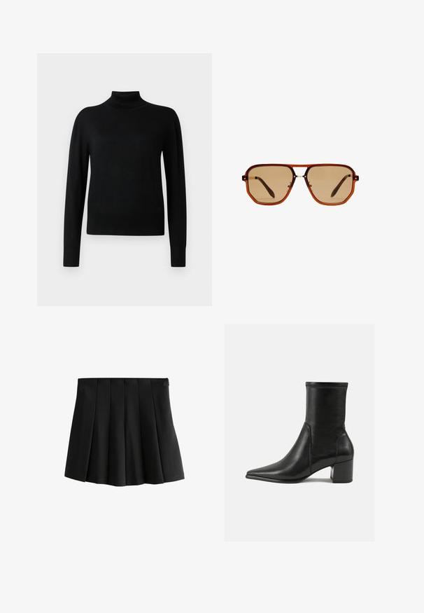 Črn pulover s prijetnim ovratnikom in dolgimi rokavi, narejen iz gladkega pletenega materiala. Ima prilegajoč se kroj in rebraste manšete ter rob.; Črna mini krila z naramnicami in strukturiranimi obrnjenimi škatlastimi gubami, izolirana na beli podlagi.; Črne gležnjarje iz gladkega usnja, z izostrenim nosom, blokastim peto in izrazitim povišanim šivom na zgornjem robu.; Rjave osmerokotne sončne naočale s prozornim amber okvirjem in rjavimi lečami s senco. Imajo kovinski detajl na mostu in vitke temple.; Rjava nubuk torba za ramena z dvema ročajema, z loputo na gumb in sproščenim, rahlo ohlapnim oblikovanjem.