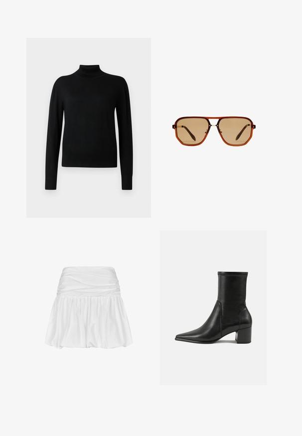 Pull noir à col roulé avec des manches longues, fabriqué en tissu tricoté lisse. Présente un corps ajusté et des poignets et un ourlet côtelés.; Jupe mini blanche avec taille froncée, forme évasée fluide, texture de tissu lisse et ourlet à volants pour plus de volume et de mouvement.; Bottine noire en cuir lisse, avec un bout pointu, un talon carré et des coutures surélevées distinctes au bord supérieur.; Lunettes de soleil octogonales brunes avec un cadre transparent couleur ambre et des verres teintés bruns. Elles présentent un accent métallique au niveau du pont et des branches fines.; Sac fourre-tout en suede marron avec doubles poignées, un strap de fermeture à bouton et une forme décontractée, légèrement affaissée.