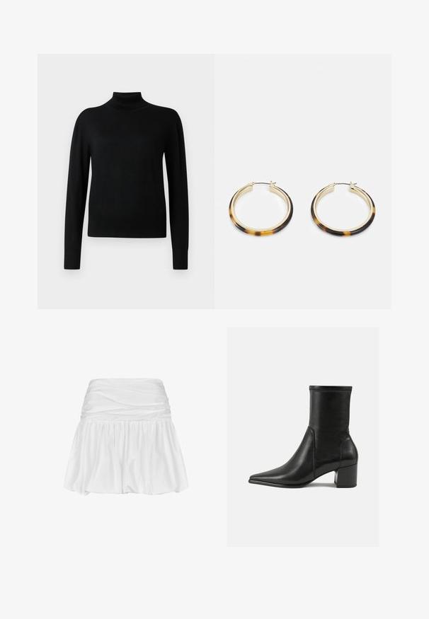 Čierny rolák s dlhými rukávmi, vyrobený z hladkej pleteniny. Má priliehavé telo a rebrované manžety a lem.; Biela minisukňa s zberaným pásom, prúdovou A-čkovou siluetou, hladkou textúrou látky a volánovým lemom pre väčší objem a pohyb.; Čierne členkové topánky vyrobené z hladkej kože, s špicatou špičkou, blokovým podpätkom a výrazným zvýšeným švom na hornom okraji.; Zlaté náušnice vo forme kruhov so vzorom žiabra na vonkajšej hrane z živice, s hladkým povrchom a elegantným, okrúhlym tvarom.