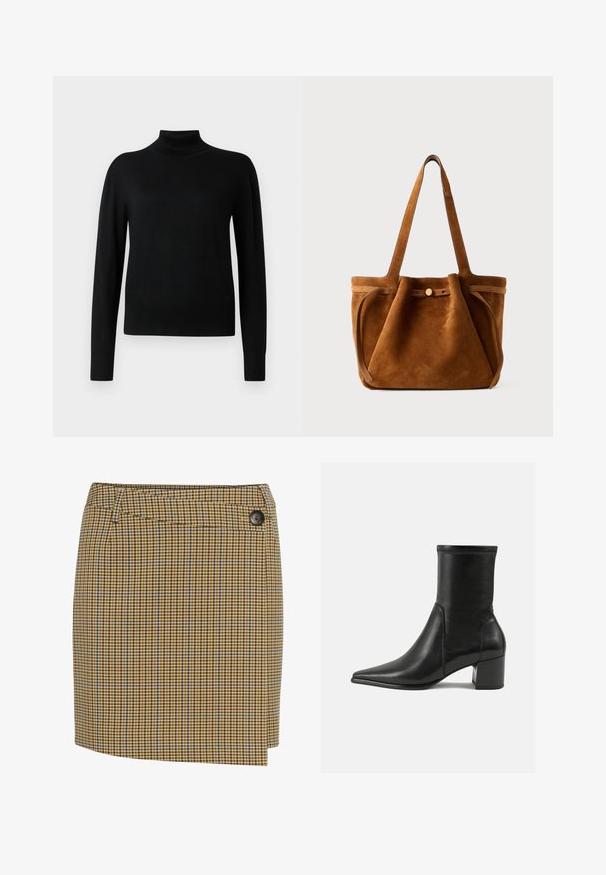 Čierny rolák s dlhými rukávmi, vyrobený z hladkej pleteniny. Má priliehavé telo a rebrované manžety a lem.; Hnedožltá kockovaná sukňa s modrými akcentmi. Má priamy strih, bočné gombíkové zapínanie a hladkú textúru látky.; Čierne členkové topánky vyrobené z hladkej kože, s špicatou špičkou, blokovým podpätkom a výrazným zvýšeným švom na hornom okraji.; Hnedá semišová taška s dvoma uchami, uzatváraním na gombík a uvoľneným, mierne splošteným tvarom.