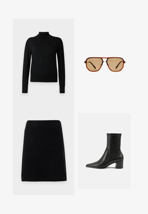 Pull noir à col roulé avec des manches longues, fabriqué en tissu tricoté lisse. Présente un corps ajusté et des poignets et un ourlet côtelés.; Mini-jupe noire en tissu doux, avec une coupe droite et une taille sans coutures, sans fermetures ni motifs visibles.; Bottine noire en cuir lisse, avec un bout pointu, un talon carré et des coutures surélevées distinctes au bord supérieur.; Lunettes de soleil octogonales brunes avec un cadre transparent couleur ambre et des verres teintés bruns. Elles présentent un accent métallique au niveau du pont et des branches fines.; Sac fourre-tout en suede marron avec doubles poignées, un strap de fermeture à bouton et une forme décontractée, légèrement affaissée.