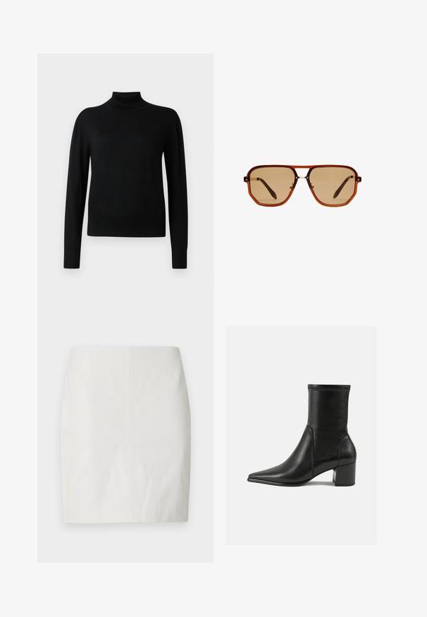 Črn pulover s prijetnim ovratnikom in dolgimi rokavi, narejen iz gladkega pletenega materiala. Ima prilegajoč se kroj in rebraste manšete ter rob.; Bela usnjena mini krilo s prilagojeno silhueto, gladko teksturo in čistim dizajnom z minimalnim šivanjem in brez vidne strojne opreme.; Črne gležnjarje iz gladkega usnja, z izostrenim nosom, blokastim peto in izrazitim povišanim šivom na zgornjem robu.; Rjave osmerokotne sončne naočale s prozornim amber okvirjem in rjavimi lečami s senco. Imajo kovinski detajl na mostu in vitke temple.; Rjava semiš torba za na ramo z dvema naramnicama, prostornim pravokotnim oblikovanjem in minimalističnim dizajnom. Mehka tekstura s gladko površino.