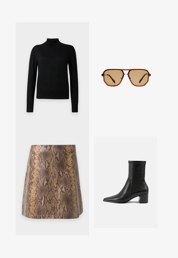 Pull noir à col roulé avec des manches longues, fabriqué en tissu tricoté lisse. Présente un corps ajusté et des poignets et un ourlet côtelés.; Jupe mini en simili cuir imprimé serpent marron, avec une texture lisse, une silhouette ajustée et de délicates coutures.; Bottine noire en cuir lisse, avec un bout pointu, un talon carré et des coutures surélevées distinctes au bord supérieur.; Lunettes de soleil octogonales brunes avec un cadre transparent couleur ambre et des verres teintés bruns. Elles présentent un accent métallique au niveau du pont et des branches fines.; Sac fourre-tout en suede marron avec doubles poignées, un strap de fermeture à bouton et une forme décontractée, légèrement affaissée.