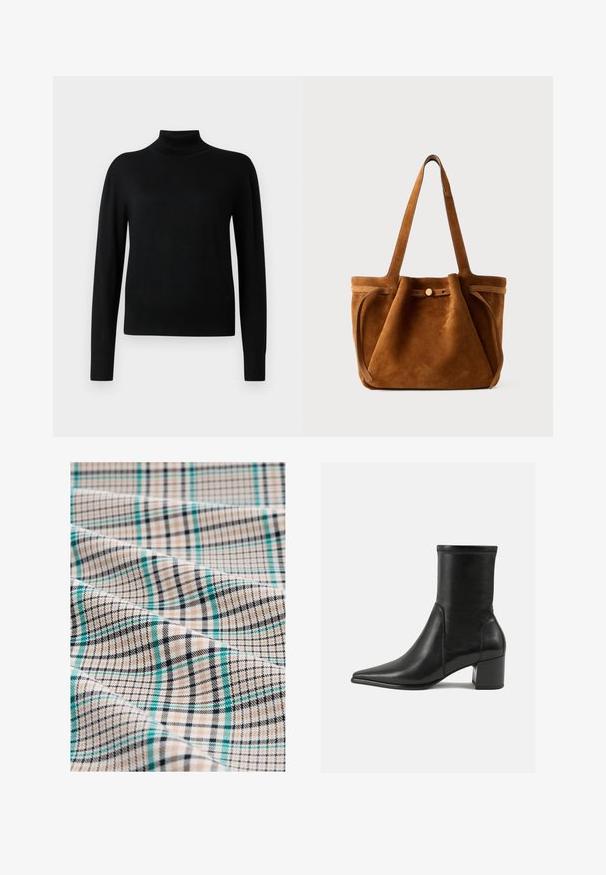 Mustapikarainen korkeakauluksinen villapaita, jossa on pitkät hihat ja joka on valmistettu sileästä neulekankaasta. Omistaa istuvan vartalon ja ribbireunat hihoissa ja helmassa.; Ruudullinen kangas beige, musta ja teal sävyissä. Sisältää ruudukon, jossa on ohuita viivoja ja teksturoitu pinta, esittäen sekoituksen ruutuja ja raitoja.; Mustat nilkkurit, jotka on valmistettu sileästä nahasta, kärjessä on terävä muoto, paksu korko ja selkeästi kohoavat ompeleet yläreunassa.; Ruskea samettinen kantolaukku, jossa on kaksinkertaiset kahvat, nappikiinnitys ja rento, hieman lörpähtänyt muoto.