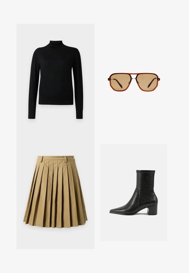 Črn pulover s prijetnim ovratnikom in dolgimi rokavi, narejen iz gladkega pletenega materiala. Ima prilegajoč se kroj in rebraste manšete ter rob.; Svetlozeleni nabrani krilo iz mešanice bombaža, ki ima prilegajoč se pas z zankami za pas in razširjen silhueto, ki se končuje nad kolenom.; Črne gležnjarje iz gladkega usnja, z izostrenim nosom, blokastim peto in izrazitim povišanim šivom na zgornjem robu.; Rjave osmerokotne sončne naočale s prozornim amber okvirjem in rjavimi lečami s senco. Imajo kovinski detajl na mostu in vitke temple.