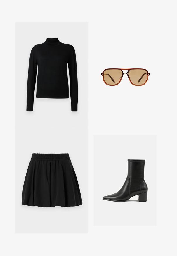 Mustapikarainen korkeakauluksinen villapaita, jossa on pitkät hihat ja joka on valmistettu sileästä neulekankaasta. Omistaa istuvan vartalon ja ribbireunat hihoissa ja helmassa.; Mustapaita, jossa on kootut vyötärö ja laakea muotoilu, pehmeä rakenne. Tasainen kangas, jossa ei ole näkyviä kuvioita tai varusteita.; Mustat nilkkurit, jotka on valmistettu sileästä nahasta, kärjessä on terävä muoto, paksu korko ja selkeästi kohoavat ompeleet yläreunassa.; Ruske oktagonalne sunčane naočale s prozirnim amber okvirom i smeškastim staklima. Imaju metalni naglasak na mostu i tanke strane.; Ruskea samettinen kantolaukku, jossa on kaksinkertaiset kahvat, nappikiinnitys ja rento, hieman lörpähtänyt muoto.