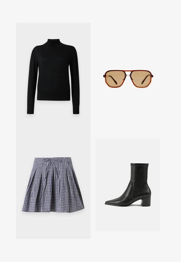 Čierny rolák s dlhými rukávmi, vyrobený z hladkej pleteniny. Má priliehavé telo a rebrované manžety a lem.; Sukňa s károvaným vzorom v námorníckej modrej a bielej farbe, s plisovaním, nastaviteľným pásom a rozšíreným strihom. Vyrobená z ľahkého materiálu.; Čierne členkové topánky vyrobené z hladkej kože, s špicatou špičkou, blokovým podpätkom a výrazným zvýšeným švom na hornom okraji.; Hnedé osemuholníkové slnečné okuliare s priehľadným jantárovým rámom a hnedými tónovanými sklami. Obsahujú kovový akcent na mostíku a štíhle nožičky.; Hnedá semišová taška s dvoma uchami, uzatváraním na gombík a uvoľneným, mierne splošteným tvarom.
