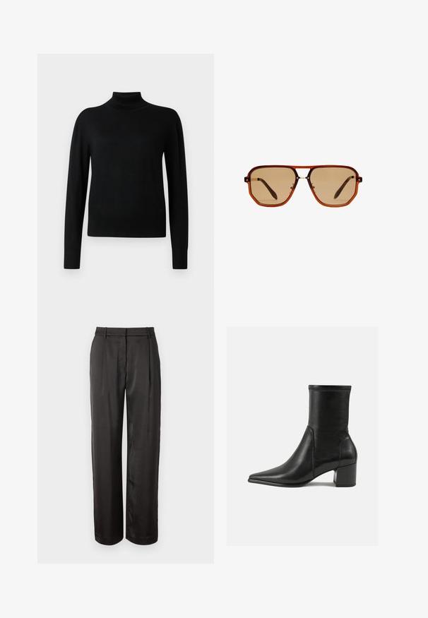 Schwarzer Rollkragenpullover mit langen Ärmeln, aus einem glatten Strickstoff. Verfügt über einen taillierten Oberteil und gerippte Bündchen sowie Saum.; Schwarz, hochtaillierte Hose aus glattem Stoff. Verfügt über einen geraden Schnitt, zwei vordere Falten und Gürtelschlaufen.; Schwarze Knöchelstiefel aus glattem Leder, mit spitzem Zehenbereich, einem Blockabsatz und markanten, raised stitching am oberen Rand.; Braune achteckige Sonnenbrille mit einem transparenten, bernsteinfarbenen Rahmen und braun getönten Gläsern. Verfügt über eine Metallverzierung am Steg und schlanke Bügel.; Braune Wildleder-Umhängetasche mit zwei Griffen, einem Knopfverschlussriemen und einer entspannten, leicht schlaffen Form.