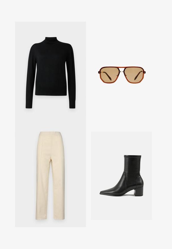 Črn pulover s prijetnim ovratnikom in dolgimi rokavi, narejen iz gladkega pletenega materiala. Ima prilegajoč se kroj in rebraste manšete ter rob.; Kremne barve, ravne hlače iz bombaža z sprednjimi gubami, gladke teksture in pasom brez vidne kovinske opreme.; Črne gležnjarje iz gladkega usnja, z izostrenim nosom, blokastim peto in izrazitim povišanim šivom na zgornjem robu.; Rjave osmerokotne sončne naočale s prozornim amber okvirjem in rjavimi lečami s senco. Imajo kovinski detajl na mostu in vitke temple.; Rjava nubuk torba za ramena z dvema ročajema, z loputo na gumb in sproščenim, rahlo ohlapnim oblikovanjem.
