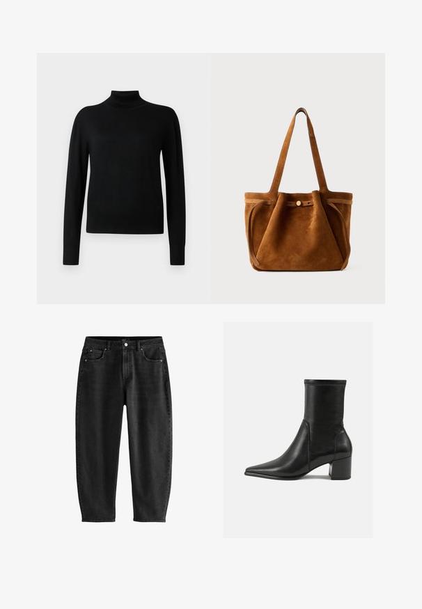 Mustast kõrge kaelusega sisenemispullover, millel on pikad varrukad, valmistatud siledast kudumaterjalist. Omab kinnitatud kehapoolt ja soonikuid varrukaotstes ning allääres.; Mustad denim püksid lõdva lõikega, klassikalise viie taskuga disainiga, nööpidega värvel ja delikaatsed õmbluse detailid.; Mustad muste sandaalid, mis on valmistatud siledast nahast, terava ninaga, plokknööriga ja eristuva tõstetud õmblusega ülemisel serval.; Pruun nahast kott kahe käepidamega, nuppude sulgemise rihmaga ja lõdva, veidi langetatud kujuga.
