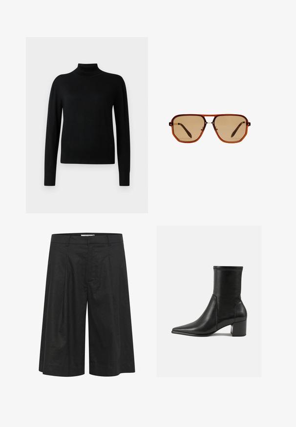 Mustapikarainen korkeakauluksinen villapaita, jossa on pitkät hihat ja joka on valmistettu sileästä neulekankaasta. Omistaa istuvan vartalon ja ribbireunat hihoissa ja helmassa.; Mustat housut, joissa on löysä, leveä lahje, pleatattu etuosa ja sileä rakenne. Valmistettu kevyestä kankaasta. Istuu vyötäröllä.; Mustat nilkkurit, jotka on valmistettu sileästä nahasta, kärjessä on terävä muoto, paksu korko ja selkeästi kohoavat ompeleet yläreunassa.; Ruske oktagonalne sunčane naočale s prozirnim amber okvirom i smeškastim staklima. Imaju metalni naglasak na mostu i tanke strane.; Ruskea samettinen kantolaukku, jossa on kaksinkertaiset kahvat, nappikiinnitys ja rento, hieman lörpähtänyt muoto.