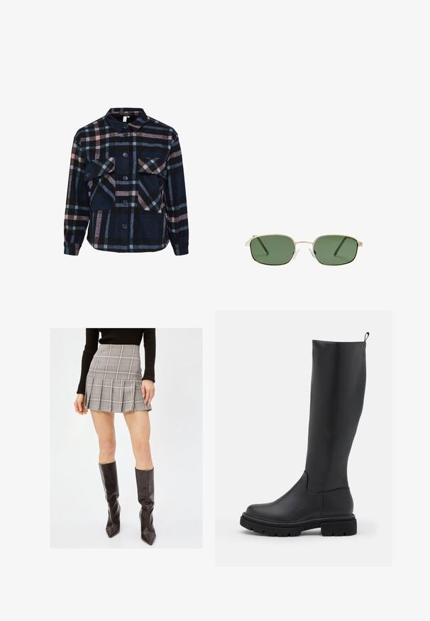 Cropped black knitted sweater featuring a textured fabric, round neckline, and loose-fitting long sleeves.; Checkered flannel shirt in navy, pink, and black. Features a collar, two chest pockets, and button closures. Soft texture and long sleeves.; Gray plaid mini skirt with pleats, featuring vertical and horizontal lines in black, white, and red. Paired with knee-high black boots.; Black knee-high boot made of smooth, matte material with a chunky sole, rounded toe, and a pull tab at the top for easy wearing.; Sunglasses with a gold metal frame, green lenses, rectangular shape, and clear plastic nose pads. Thin, slender temples with minimal design.; Black leather hobo bag with a soft, curved shape. Features a wide top handle and gathers at the base for a slouchy texture.