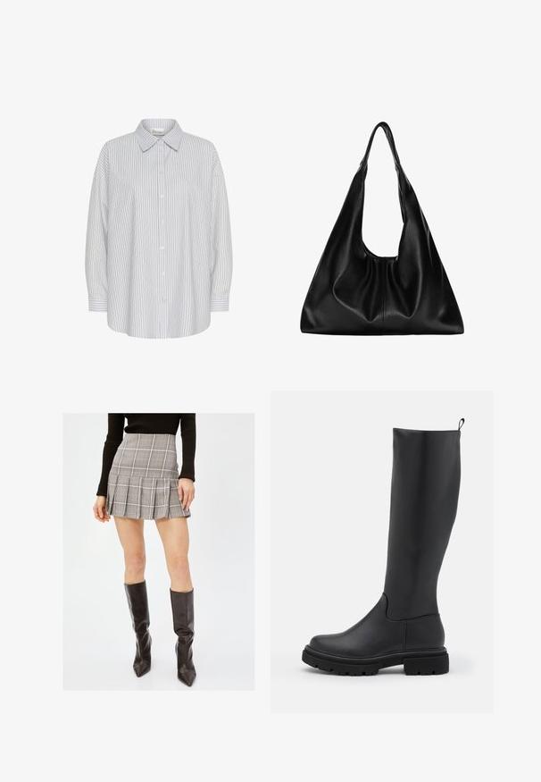 Gekürzter schwarzer Strickpullover mit strukturiertem Stoff, Rundhalsausschnitt und locker sitzenden langen Ärmeln.; Weißes Hemd mit dünnen senkrechten marineblauen Streifen, langen Ärmeln und spitzem Kragen. Hat eine lockere Passform und keine sichtbaren Muster.; Grau karierten Minirock mit Falten, der vertikale und horizontale Linien in Schwarz, Weiß und Rot aufweist. Kombiniert mit schwarzen kniehohen Stiefeln.; Schwarzer kniehoher Stiefel aus glattem, mattem Material mit einer massiven Sohle, runder Zehe und einer Ziehlasche an der Oberseite für einfaches Anziehen.; Schwarze Leder-Hobo-Tasche mit einer weichen, geschwungenen Form. Sie verfügt über einen breiten Oberhandgriff und Falten an der Basis für eine lässige Textur.