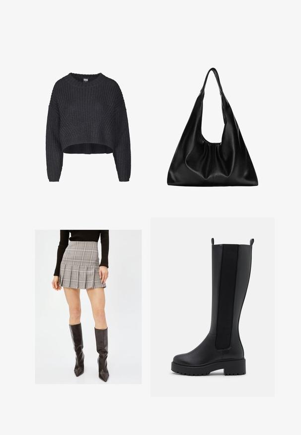 Skrócony czarny sweter z dzianiny, charakteryzujący się teksturowanym materiałem, okrągłym dekoltem i luźnymi długimi rękawami.; Szara mini spódniczka w kratkę z plisami, z pionowymi i poziomymi liniami w kolorze czarnym, białym i czerwonym. Połączona z czarnymi, wysokimi botkami.; Czarne kozaki do kolan z gładkiej skóry, z elastycznymi bocznymi panelami i chunky teksturowaną podeszwą zapewniającą przyczepność.; Czarna skórzana torba hobo o miękkim, zaokrąglonym kształcie. Ma szeroki uchwyt na górze i zgromadzenia u podstawy, co nadaje jej luźny wygląd.