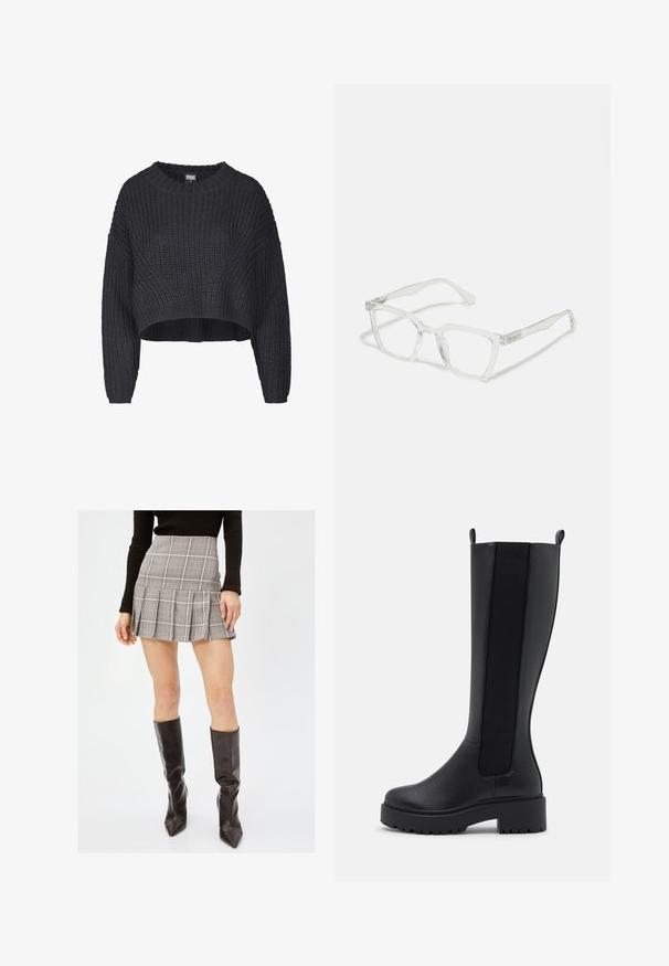 Afgeknot zwarte gebreide trui met een gestructureerde stof, ronde halslijn en losvallende lange mouwen.; Grijze geruite minirok met plooien, met verticale en horizontale lijnen in zwart, wit en rood. Gecombineerd met enkellaarsjes tot aan de knie in zwart.; Zwarte kniehoge laarzen met een soepele leren buitenkant, elastische zijpanelen en een chunky gestructureerde zool voor grip.; Duidelijke rechthoekige bril met transparante monturen en rechte poten. Beschikt over subtiele details op de slapen. Lichtgewicht ontwerp.; Zwarte leren hobo tas met een zachte, gebogen vorm. Heeft een brede bovenhandgreep en plooien aan de onderkant voor een slappe textuur.