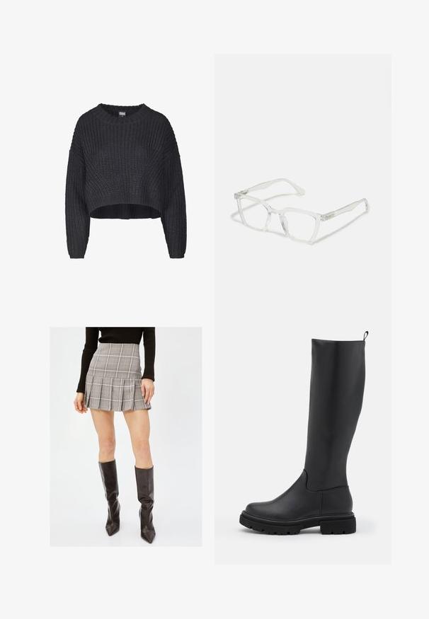 Afskåret sort strikket sweater med en tekstureret stof, rund halsudskæring og løst siddende lange ærmer.; Gråternet mini nederdel med plisseringer, som har vertikale og vandrette linjer i sort, hvid og rød. Kombineret med sort knæhøje støvler.; Sort knæhøj støvle lavet af glat, mat materiale med en kraftig sål, rund tå og et trækstrop øverst for nem påklædning.; Klare rektangulære briller med gennemsigtige rammer og lige arme. Har diskrete detaljer ved tindingerne. Letvægtsdesign.; Sort læder hobo taske med en blød, buet form. Har en bred toprem og rynker i bunden for en afslappet struktur.