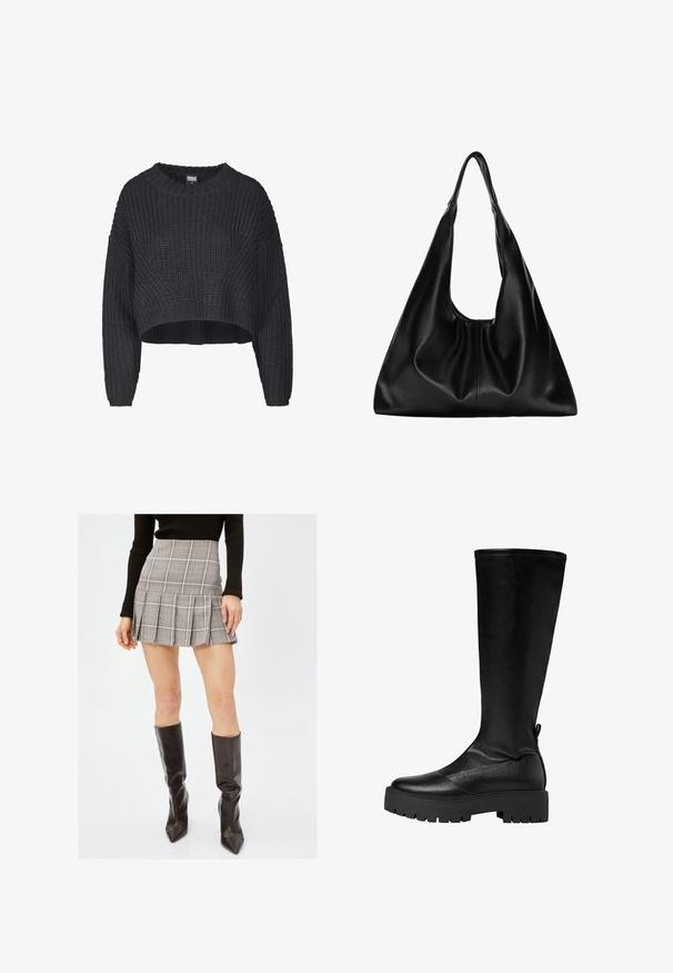 Pull en maille noire coupé, présentant un tissu texturé, un col rond et des manches longues amples.; Jupe mini à carreaux gris avec des plis, présentant des lignes verticales et horizontales en noir, blanc et rouge. Associée à des bottes noires montantes.; Botte en cuir noir arrivant jusqu'au genou avec une semelle plateforme noire imposante, texture lisse et un détail de couture sur le devant et l'arrière.; Sac hobo en cuir noir au forme douce et arrondie. Il présente une large poignée supérieure et des fronces à la base pour une texture décontractée.