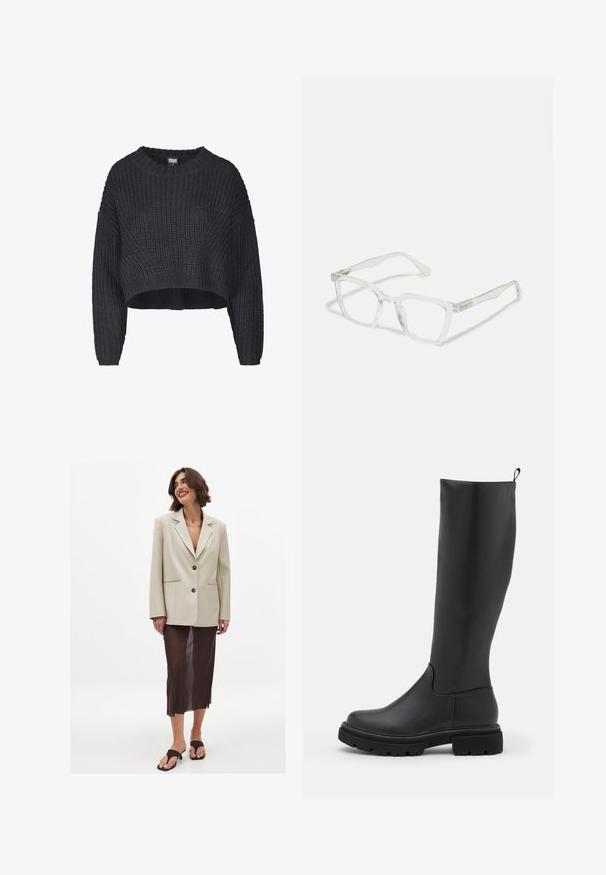 Gekürzter schwarzer Strickpullover mit strukturiertem Stoff, Rundhalsausschnitt und locker sitzenden langen Ärmeln.; Beiger übergroßer Blazer mit einer Reverskragen und zwei Knöpfen, kombiniert mit einem durchsichtigen braunen Midikleid und braunen Slippers.; Schwarzer kniehoher Stiefel aus glattem, mattem Material mit einer massiven Sohle, runder Zehe und einer Ziehlasche an der Oberseite für einfaches Anziehen.; Klare rechteckige Brille mit transparenten Rahmen und geraden Bügeln. Mit dezenten Details an den Schläfen. Leichtes Design.; Schwarze Leder-Hobo-Tasche mit einer weichen, geschwungenen Form. Sie verfügt über einen breiten Oberhandgriff und Falten an der Basis für eine lässige Textur.