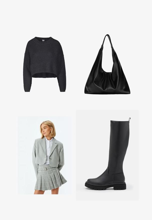 Lyhennetty musta neulepusero, jossa on teksturoitu kangas, pyöreä pääntie ja löysät pitkät hihat.; Harmaa lyhyt bleiseri, jossa on yksi nappi ja läppätasku, yhdistettynä harmaaseen ruudulliseen pliseerattuun hameeseen, jossa on vyö ja metallinen solki.; Mustat polven yli ulottuvat saappaat, jotka on valmistettu sileästä, matasta materiaalista. Saappaat ovat paksupohjaiset, pyöristetyn kärjen omaavat ja niissä on vetotappi ylhäällä, mikä helpottaa pukemista.; Mustalla nahka hobo-laukku, jossa on pehmeä, kaareva muoto. Varustettu leveällä yläkahvalla ja poimuilla pohjassa, mikä antaa rennon tekstuurin.
