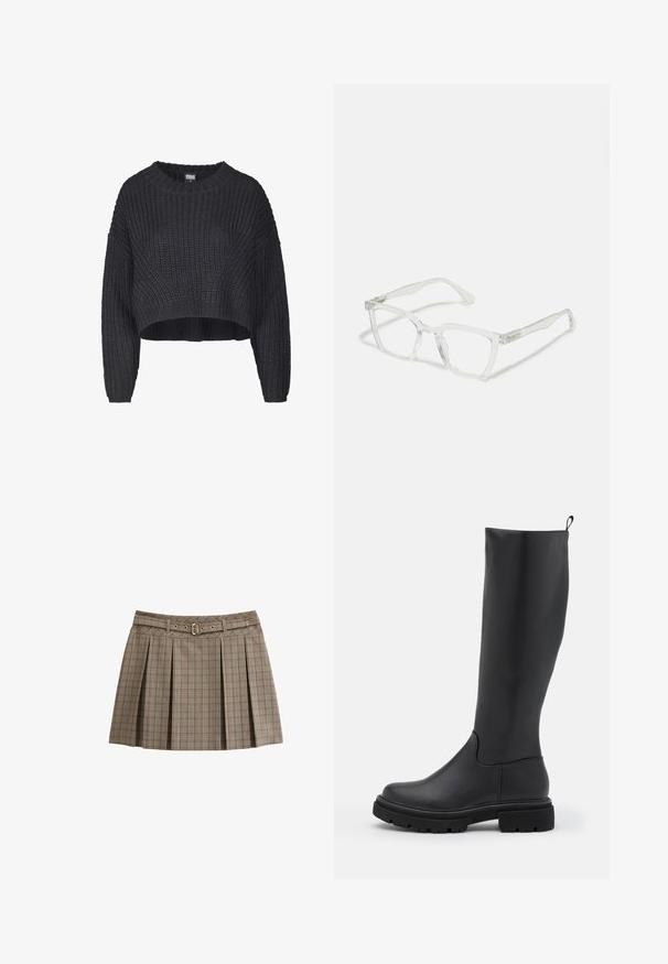 Gekürzter schwarzer Strickpullover mit strukturiertem Stoff, Rundhalsausschnitt und locker sitzenden langen Ärmeln.; New Look CHECK BELTED BOX PLEAT MINI - Faltenrock - brown pattern; Schwarzer kniehoher Stiefel aus glattem, mattem Material mit einer massiven Sohle, runder Zehe und einer Ziehlasche an der Oberseite für einfaches Anziehen.; Klare rechteckige Brille mit transparenten Rahmen und geraden Bügeln. Mit dezenten Details an den Schläfen. Leichtes Design.; Schwarze Leder-Hobo-Tasche mit einer weichen, geschwungenen Form. Sie verfügt über einen breiten Oberhandgriff und Falten an der Basis für eine lässige Textur.