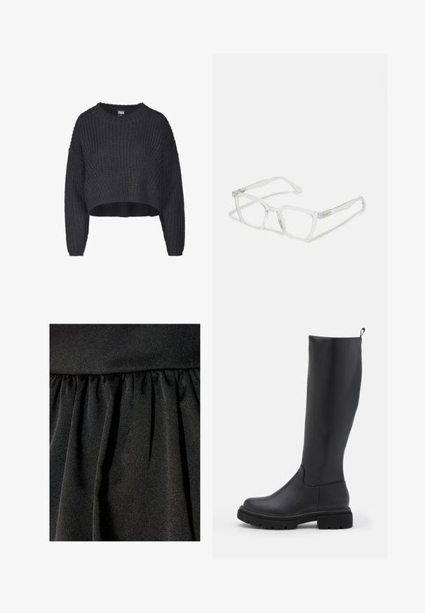 Gekürzter schwarzer Strickpullover mit strukturiertem Stoff, Rundhalsausschnitt und locker sitzenden langen Ärmeln.; Schwarzer Stoff mit subtiler Glanz, der eine geraffte Textur und fließende Falten aufweist. Glatte Oberfläche mit schimmernden Akzenten.; Schwarzer kniehoher Stiefel aus glattem, mattem Material mit einer massiven Sohle, runder Zehe und einer Ziehlasche an der Oberseite für einfaches Anziehen.; Klare rechteckige Brille mit transparenten Rahmen und geraden Bügeln. Mit dezenten Details an den Schläfen. Leichtes Design.; Schwarze Leder-Hobo-Tasche mit einer weichen, geschwungenen Form. Sie verfügt über einen breiten Oberhandgriff und Falten an der Basis für eine lässige Textur.