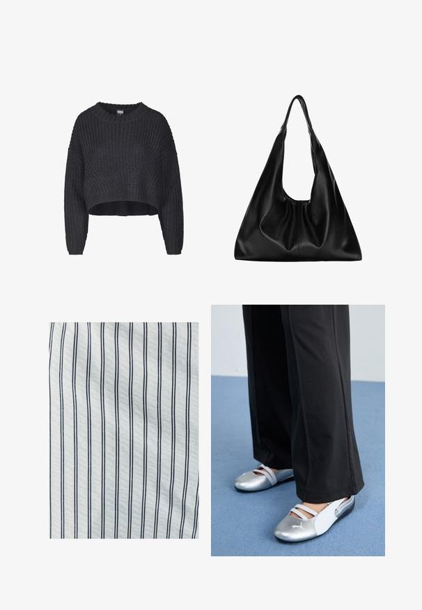 Zastrihnutý čierny pletený sveter s textúrovanou tkaninou, okrúhlym výstrihom a voľne padnouce dlhé rukávy.; Bavlnená tkanina s vertikálnymi bielymi a tmavomodrými pruhmi. Povrch je hladký, s rovnomernými rozstupmi medzi líniami.; Strieborné a biele ploché topánky s krížovými remienkami a textúrovanými detailmi, doplnené voľnými čiernymi nohavicami. Umiestnené na modrej podlahe.; Čierna kožená hobo taška s mäkkým, zakriveným tvarom. Má široké vrchné uško a nariasenie na spodnej časti, čo vytvára voľný vzhľad.