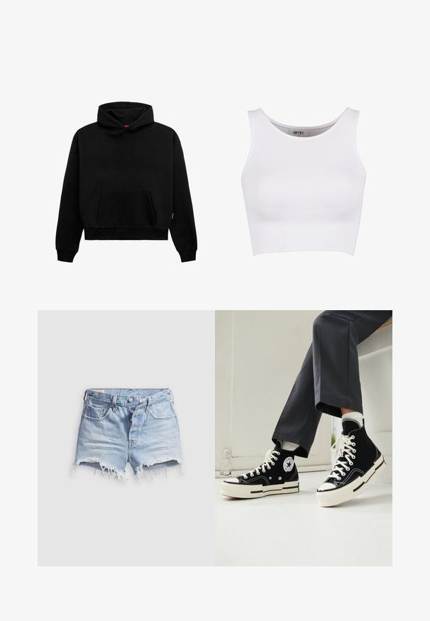 Černá mikina s kapucí vyrobená z bavlněné směsi. Obsahuje přední kapsu, žebrované manžety a lem, se uvolněným krátkým střihem. Hladká textura.; Bílý pruhovaný cropped top s kulatým výstřihem a širokými ramínky. Má pružnou texturu, navrženou pro pohodlí a volnost pohybu.; Světlé modré džínové kraťasy s roztrhanými lemy, pěti kapsami a zapínáním na knoflíky. Textura je měkká s mírně opotřebovaným vzhledem.; Černé plátěné vysoké tenisky s gumovou špičkou, bílými tkaničkami a nášivkou loga Converse. Obsahují kontrastní bílou podrážku a prošívání.