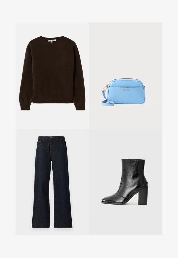 Tmavě hnědý pletený svetr s kulatým výstřihem, vroubkovaným lemem a dlouhými rukávy. Měkká textura s volným střihem.; Tmavě modré džínové široké kalhoty s oranžovým šitím, dvěma předními kapsami a zapínáním na knoflík v pase.; Černé kožené kotníkové boty s hladkou texturou, špičatou špičkou a robustním vysokým podpatkem. Mají boční otvor a minimalistický design.; Svetle modrá kožená crossbody taška se zlatými kovovými doplňky, zipovým uzávěrem a přední kapsou. Obsahuje nastavitelné ramenní popruh pro pohodlí.