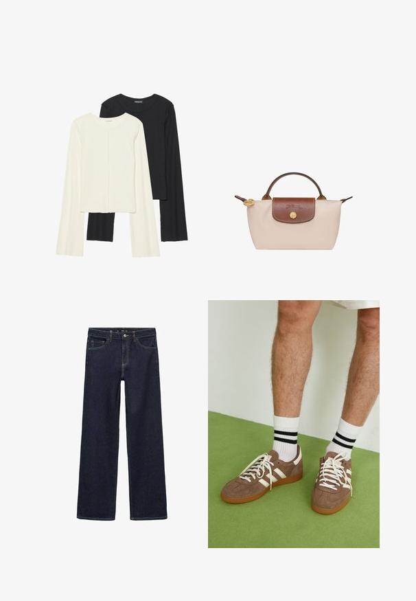 Navy V-Ausschnitt-Pullover mit langen Ärmeln, einer lockeren Passform und einem abgerundeten Saum. Hergestellt aus weichem, strukturiertem Stoff, mit minimalen Etiketten.; Set aus zwei Langarmoberteilen in Weiß und Schwarz. Rippstruktur, Rundhalsausschnitt, figurbetontes Design mit leicht ausgestellten Ärmeln.; Dunkel gewaschene Jeans mit einer lockeren Passform. Mit hohem Bund, fünf Taschen und kontrastierenden Nähten. Gerades Bein-Design, ohne Verzierungen.; Braune Wildleder-Sneaker mit weißen Akzenten und Schnürsenkeln. Gummisohle in Kautschuk-Optik. Getragen mit weißen Socken, die schwarze Streifen haben. Grüner strukturierter Fußboden.; Longchamp LE PLIAGE ORIGINAL - Handtasche - papier