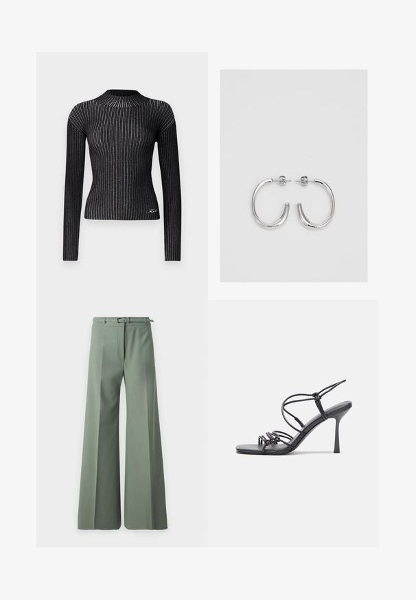 Pull en maille côtelée noir à manches longues avec des fils métalliques, col rond, silhouette ajustée, avec un détail de logo discret à l'ourlet.; Pantalons larges en tissu vert doux, avec un devant plat, des passants de ceinture assortis à une ceinture, et des détails de plis marqués.; Des sandales noires à talons hauts avec des fines lanières au design noué, un bout carré lisse et un talon aiguille élégant.; Boucles d'oreilles en argent avec une finition lisse et brillante. Forme arrondie, conception légère, avec un fermoir à tige.