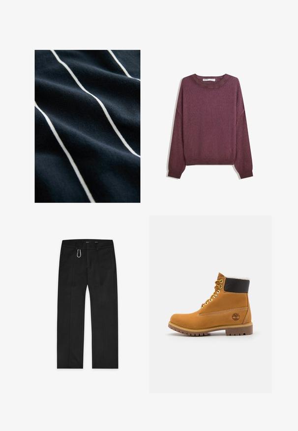 Bordo rebrasto pletivo s dugim rukavima, okruglim izrezom i opuštenim krojem. Teksturirana tkanina s suptilnim varijacijama u boji.; Tamno plava tkanina s bijelim vertikalnim prugama, koja ima glatku teksturu i lagani sjaj, naglašavajući dizajn pruga.; Crne hlače izrađene od tkanog materijala, sa ravnim krojem, dva bočna džepa, prednjim zipom i vanjskim detaljem za petlju.; Smeđi kožni gležnjača sa metalnim okovima, bijelim krznom obloženim unutrašnjim dijelom, crnim podstavljenim okovratnikom, robusnom potplatom i utisnutim logoom na strani.