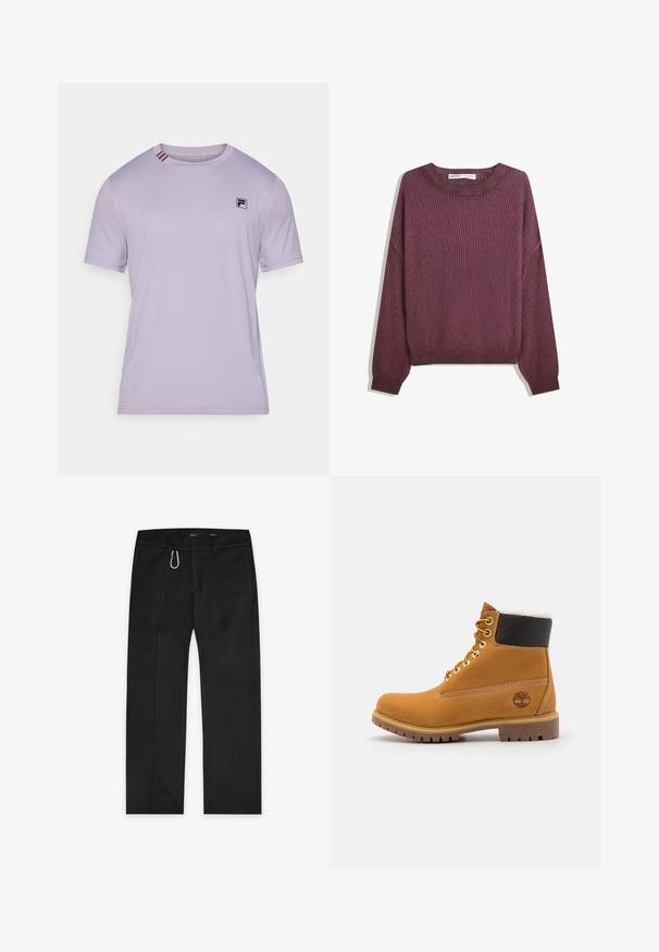 Bordo rebrasto pletivo s dugim rukavima, okruglim izrezom i opuštenim krojem. Teksturirana tkanina s suptilnim varijacijama u boji.; Svijetloplavi atletski majica od glatkog materijala. Ima crni logo na prsima i kontrastne pruge na ovratniku. Kratak rukav.; Crne hlače izrađene od tkanog materijala, sa ravnim krojem, dva bočna džepa, prednjim zipom i vanjskim detaljem za petlju.; Smeđi kožni gležnjača sa metalnim okovima, bijelim krznom obloženim unutrašnjim dijelom, crnim podstavljenim okovratnikom, robusnom potplatom i utisnutim logoom na strani.