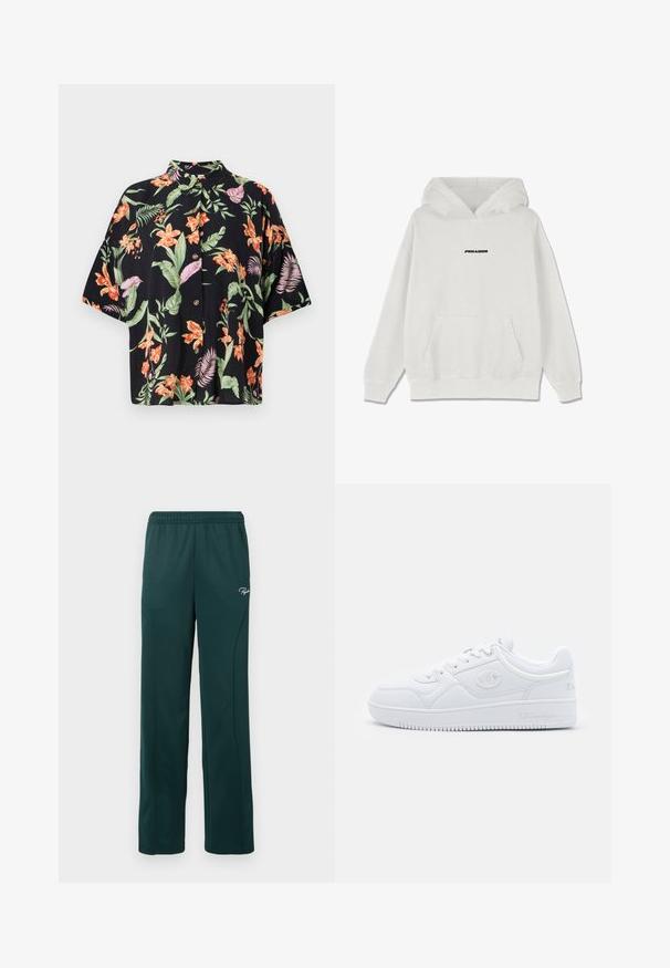 Felpa bianca con cappuccio, dotata di tasca a marsupio frontale, cappuccio con lacci e testo "PEGAADOR" in nero sul petto. Tessuto morbido, polsini e orlo a coste.; Camicetta nera a maniche corte con motivo floreale che presenta vivaci fiori arancioni e viola con foglie verdi. Include cinque bottoni e un colletto.; Pantaloni della tuta verde scuro realizzati in tessuto morbido, dotati di una vita elasticizzata e cuciture laterali, con un piccolo logo sulla parte anteriore.; Sneaker bianco realizzato in materiale sintetico liscio, con punta rotonda, suola piatta e sottili accenti del logo sui lati. Design classico low-top.