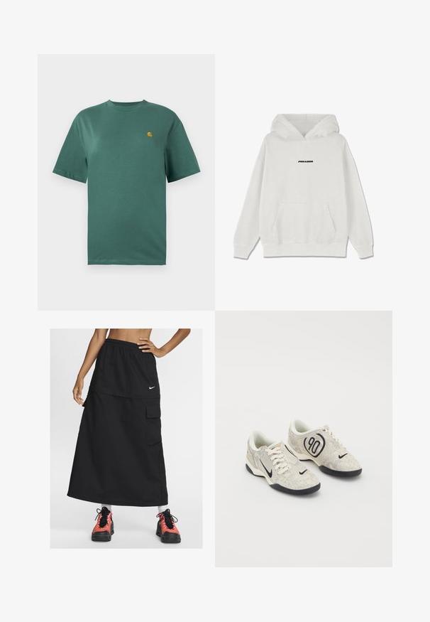 Baltas džemperis su priekinėmis kišenėmis, su raišteliais ant gobtuvo ir juodu "PEGAADOR" tekstu ant krūtinės. Minkšta medžiaga, banguoti rankogaliai ir apatinė dalis.; Turkio medvilnės marškinėliai trumpomis rankovėmis, su apvaliu kaklu ir maža geltona logo kairėje krūtinės pusėje. Lygus audinys ir palaidi pjūvis.; Juoda sportinė ilgis sijonas su elastine juosta, su priekinėmis kišenėmis ir Nike logotipu. Dėvima su spalvingais sportiniais batais.; Nike kedai su bėgiu su smėline ir pilka tekstūruota viršutine dalimi, juodais akcentais, dideliu "90" logotipu ir balta raištelių užsegimu. Juodas padas.