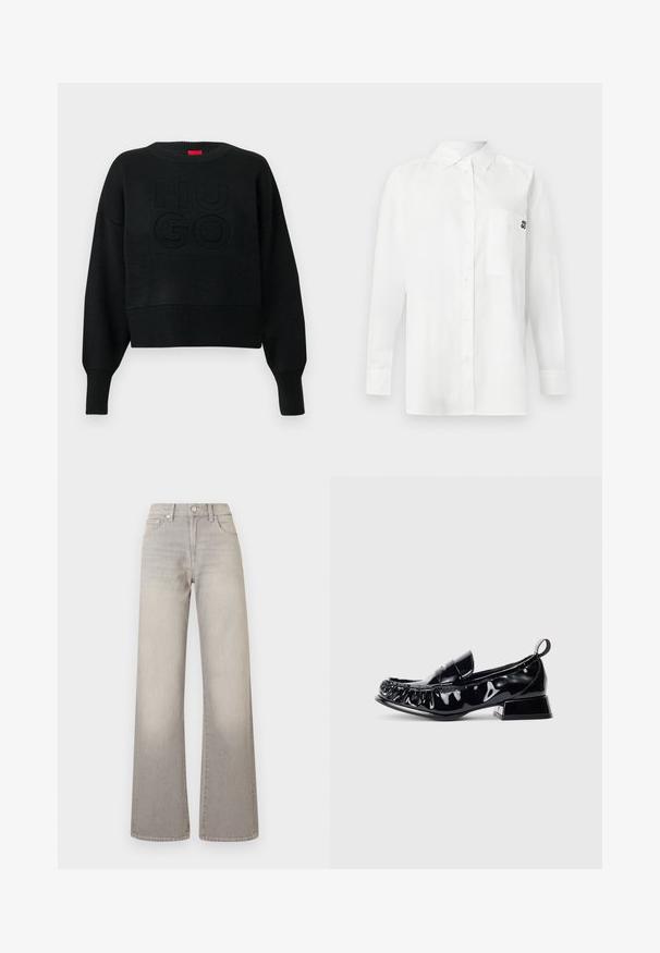Zwarte cropped trui met een geribbelde structuur en een ronde halslijn, voorzien van een opgehoogd "HUGO"-logo op de voorkant en geribbelde manchetten.; Witte langemouwenshirt gemaakt van een katoenmix, met een button-down kraag, een borstzak en een klein zwart logo op de borst.; Grijze wijde jeans met een vervaagde afwerking, knoopsluiting, vijfzakkenontwerp en gestikte details langs de naden.; Zwarte patenten leren loafer met vierkante neus, gegATHERd detail, lage blokhak en een trektab aan de achterkant op een witte achtergrond.