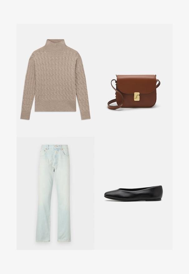 Vaaleanbeige, pörröinen kauluspaita, jossa on pitkät hihat ja resorit hihoissa ja helmassa, aseteltuna litteäksi valkoista taustaa vasten.; Vaaleansinisiä farkkuja, joissa on suoralahkeinen muotoilu, korkea vyötärö, kuparinvärinen nappi ja klassinen viiden taskun tyyli. Haalistunut pinta ja tasainen väri.; Paul Smith TOPANGA - Ballerinat - black; Ruskea nahkainen käsilaukku, jossa on läppäkiinnitys, kultasävyiset yksityiskohdat, olkahihna ja sileä pinta. Kompaktin suorakaiteen muotoinen.