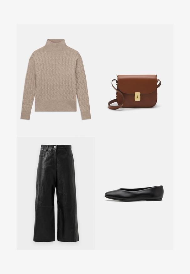 Beiger Kabelstrick-Turtleneck-Pullover mit langen Ärmeln und gerippten Bündchen und Saum, flach auf einem weißen Hintergrund ausgelegt.; Schwarze Leder Schlaghosen mit glatter Oberfläche, ausgestattet mit einem Reißverschluss und Fronttaschen. Minimalistisches Design mit verkürzter Länge.; Paul Smith TOPANGA - Klassischer Ballerina - black; Braune Ledertasche mit Klappenverschluss, Beschlägen in Goldfarbe, einem Schultergurt und einer glatten Oberfläche. Kompakte rechteckige Form.