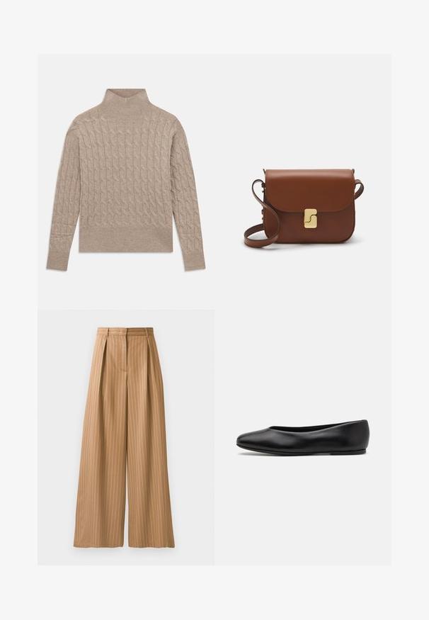 Beige kabelgebreide coltrui met lange mouwen en geribbelde manchetten en zoom, plat gelegd op een witte achtergrond.; Brede broekspijpen in een tan stof met verticale witte strepen. Heeft plooien bij de taille en een zachte textuur.; Paul Smith TOPANGA - Ballerina's - black; Bruine leren handtas met een klep sluiting, gouden hardware, een schouderband en een gladde textuur. Compact rechthoekige vorm.
