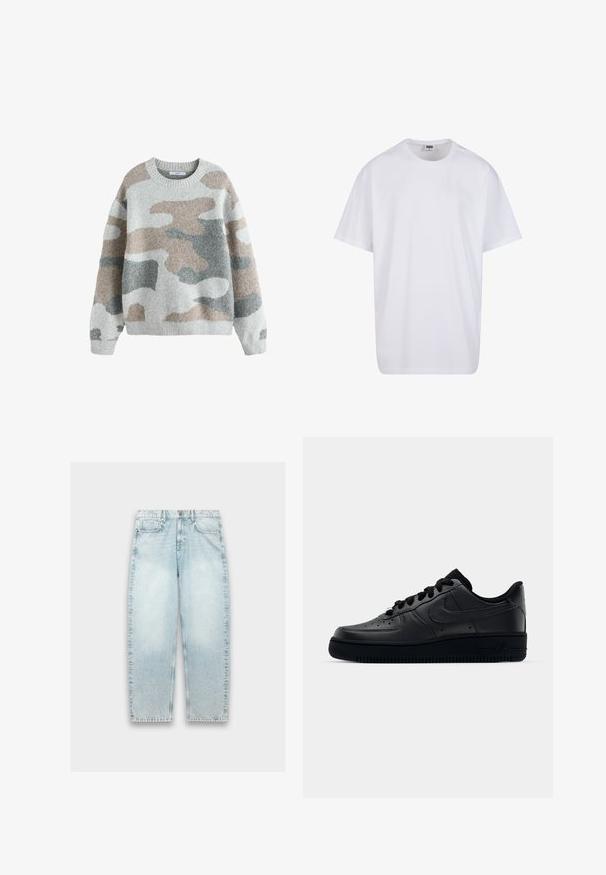Hallide kamuflaažimustriga hall sviiter, mille toonid on beež, helehall ja tumehall. Ümar kaelus ja soonikkoes mansetid. Pehme tekstuur.; Valge puuvillane t-särk lühikeste varrukatega, ümmarguse kaelusega, lõdva lõikega ja ilma nähtavate logodeta või mustriteta. Sile tekstuur ja minimaalne disain.; Hallusin sinised teksad, millel on lahtine lõige, sirged jalad, kulunud tekstuur, viie tasku disain ja metallne nööp sulgemiseks vöökoha juures.; Mustad Nike Air Force 1 tossud musta sileda nahast, perforatsioonidega varvas hingavuse tagamiseks, mustad paelad ja tekstureeritud kummitald.