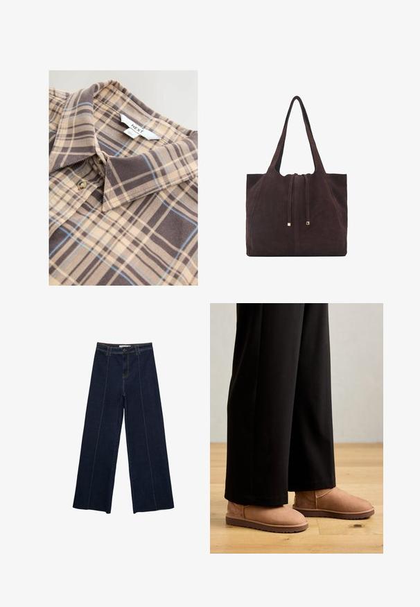 Weicher beiger Langarm-Pullover mit Rundhalsausschnitt, übersichtlich auf einem weißen Hintergrund präsentiert, mit gerippten Bündchen, Saum und Kragen.; Karierte beige Hemd mit braunen und blauen Plaids, Kragen und Knopfverschluss. Hergestellt aus weichem Stoff mit glatter Textur.; Weite dunkle Jeanshose mit Kontrastnähten, hoher Taille und geradem Schnitt. Verfügt über Fronttaschen und einen klassischen Knopfverschluss.; Braune Wildleder Stiefeletten mit flacher Gummisohle, abgerundetem Zeh und minimaler Naht, kombiniert mit schwarzen weiten Hosen auf einem Holzboden.; Mango Shopping Bag - dark brown