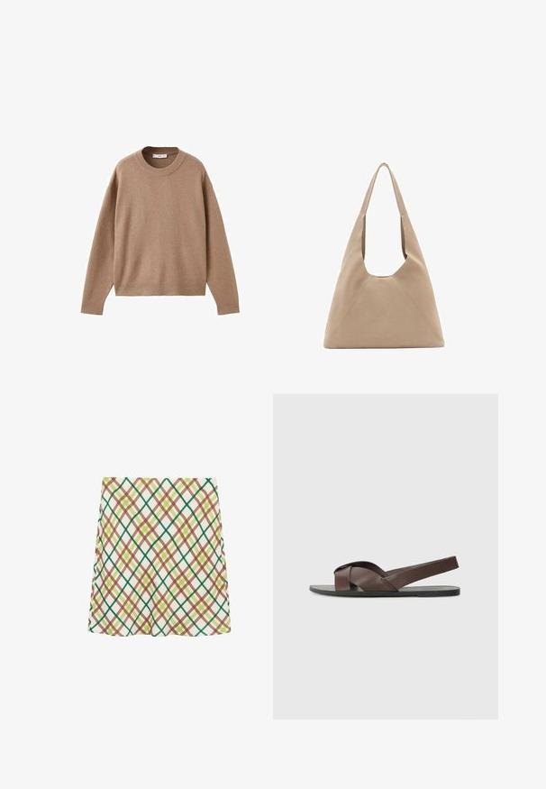 Pulover bej deschis cu mâneci lungi și gât rotund, cu manșete, tiv și guler ribb. Este expus plat pe un fundal alb.; Fustă albă în formă de A cu un model de carouri încrucișate în verde, maro și galben, lungime până la genunchi, expusă pe un fundal alb.; Sandal din piele maro cu un design cu curele în cruce, talpă plată neagră și curea de ajustare la spate. Textură netedă și detalii hardware minime.; Geantă de tote din material bej, cu o formă triangulară unică, bretele late pentru umăr și detalii vizibile ale cusăturilor pentru o structură suplimentară.
