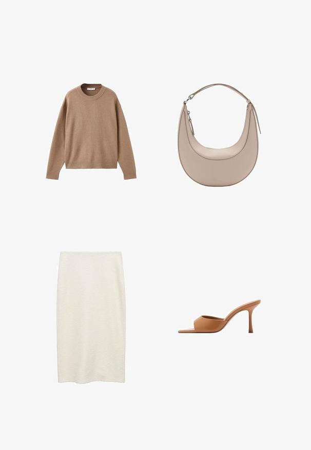 Zachte beige lange mouw crewneck trui met geribbelde manchetten, zoom en halslijn, plat weergegeven op een witte achtergrond.; Mid-length, rechte witte rok van een gestructureerde stof met een subtiel weefpatroon. Geen zichtbare hardware of versieringen.; Mango PEPYT - Muiltjes met hak - brown; Beige leren schoudertas met een halve maanvorm, een soepele textuur en een enkele gebogen handgreep. Voorzien van een ritssluiting en nette stiksels.
