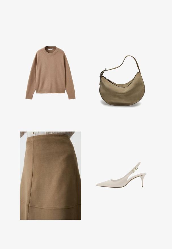 Zachte beige lange mouw crewneck trui met geribbelde manchetten, zoom en halslijn, plat weergegeven op een witte achtergrond.; Bruine suède rok met een gladde textuur en zichtbare naaddetails, met een hoge taille en A-lijnontwerp.; Beige leren slingback schoen met een spitse neus, dunne hak en gouden hardware accenten op de band. Glad oppervlak overal.; Bruine suède hobo tas met een gebogen vorm, enkele schouderband, ritsluiting en een gladde textuur. Eenvoudig ontwerp met minimale hardwaredetails.