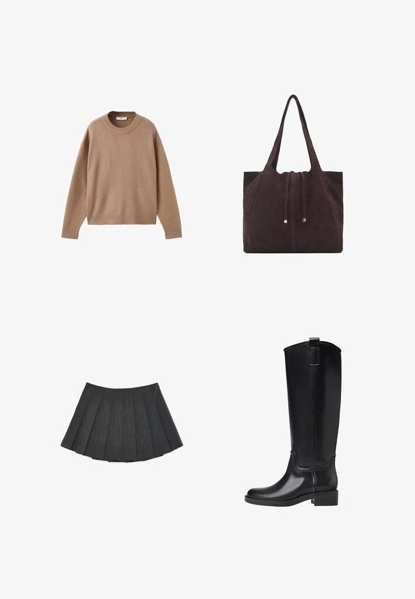 Miękki beżowy sweter z długim rękawem i okrągłym dekoltem, z prążkowanymi mankietami, dolnym obszyciem i dekoltem, wyeksponowany na płasko na białym tle.; Plisowana spódnica w ciemnoszarym kolorze, wykonana z teksturowanej tkaniny. Charakteryzuje się rozkloszowanym krojem z równomiernie rozmieszczonymi plisami i płaskim paskiem w talii.; Czarne kozaki do kolan wykonane z gładkiego materiału syntetycznego. Posiadają okrągły czubek, niski blokowy obcas oraz pionowe przeszycia.; Mango - Torba na zakupy