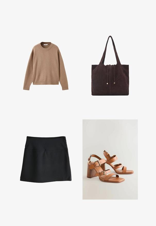 Blød beige langærmet crewneck sweater med ribbede manchetter, kant og krave, præsenteret fladt på en hvid baggrund.; Sort nederdel med en glat tekstur, knælængde design og en enkel, elastisk talje. Har en diskret lynlås bagpå.; Brune læder højhælede sandaler med flere stropper, guldfarvede metaldetaljer og en skrå blokhæl. Glat overflade, åben tå-design.; Mango Shopping bags - dark brown