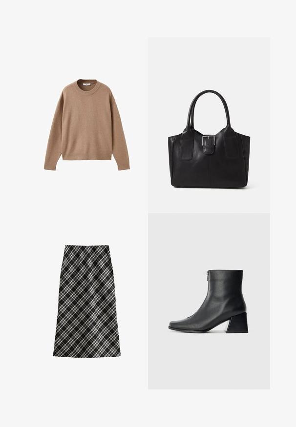 Miękki beżowy sweter z długim rękawem i okrągłym dekoltem, z prążkowanymi mankietami, dolnym obszyciem i dekoltem, wyeksponowany na płasko na białym tle.; Czarna i biała spódnica w kratę, średniej długości, w kształcie litery A, z teksturowanej tkaniny, z krzyżującymi się liniami oraz geometrycznymi wzorami.; Czarne skórzane botki za kostkę z kwadratowym noskiem, bocznym zamkiem błyskawicznym i słupkowym obcasem na jasnym tle.; Czarna skórzana torba tote o gładkiej fakturze, usztywnionym kształcie, dwóch uchwytach oraz wyraźnym srebrnym zapięciu na przodzie.